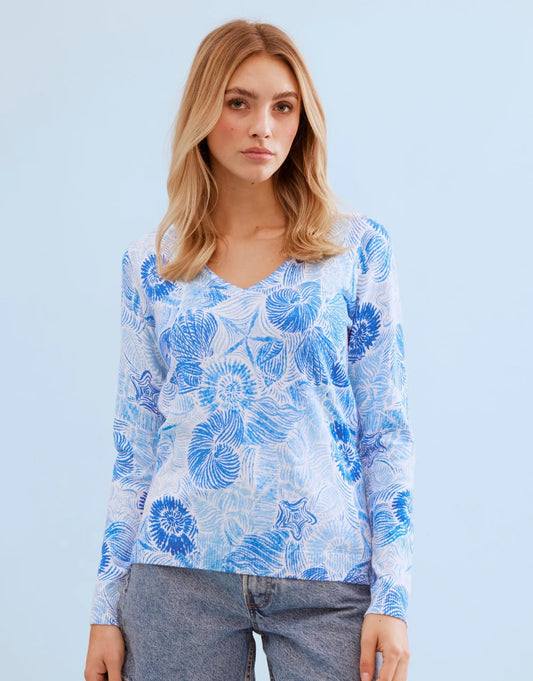 Leo & Ugo Blue White Floral Print Sweater