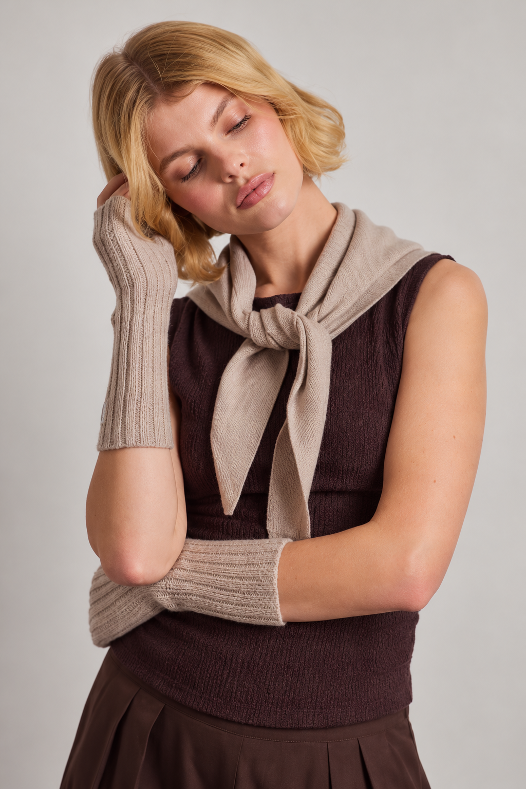 Merino Wool Fingerless Gloves Soft Taupe