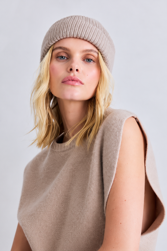 Embroidered Merino Wool Beanie Soft Taupe